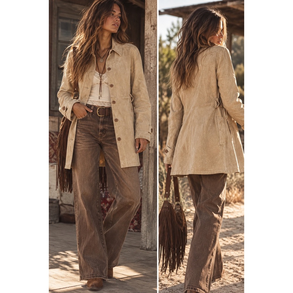 Paris Blues Outerwear Womens Large Tan 100% Leather Suede Button Up Trench Coat
